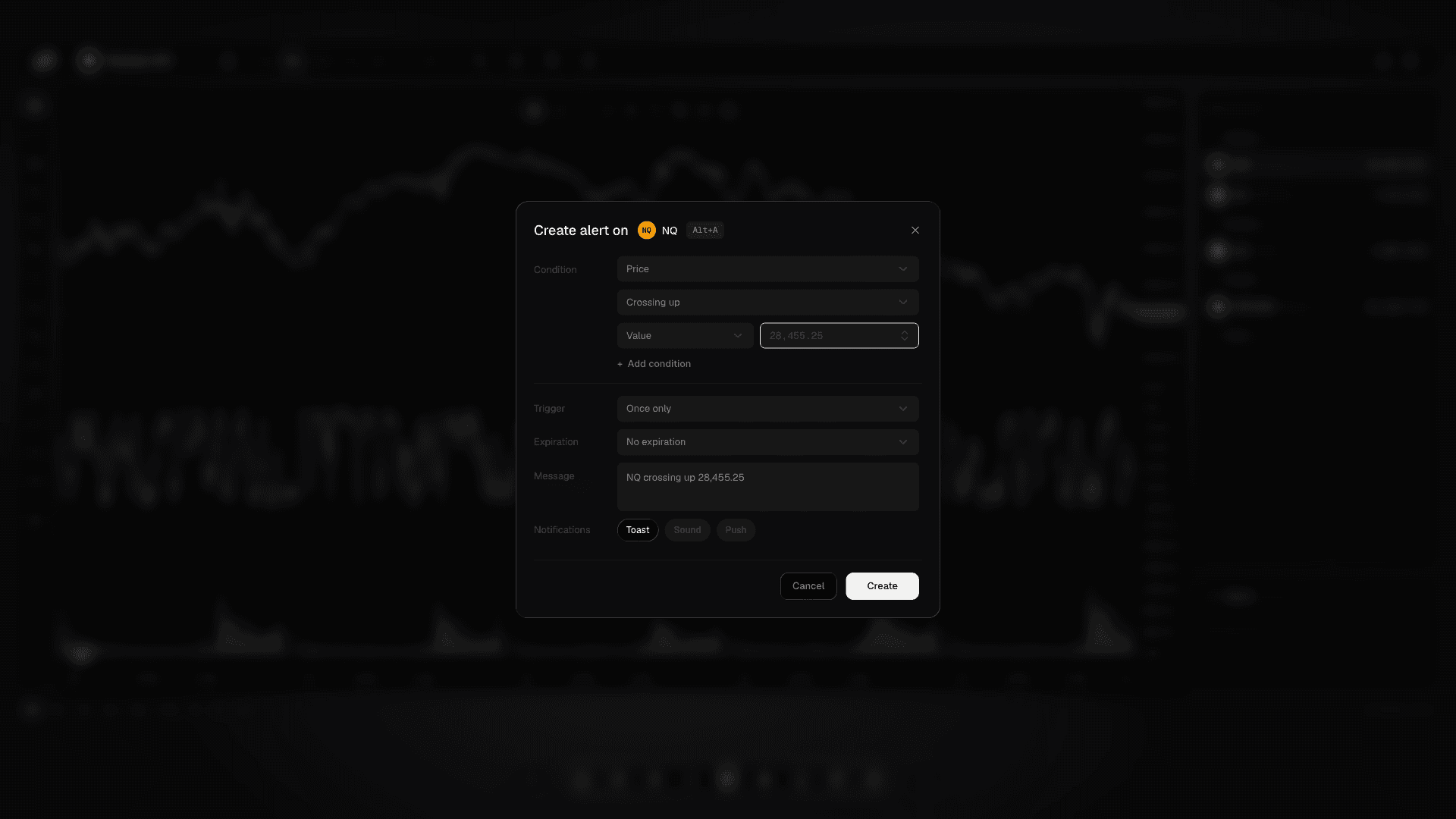 The create alert dialog: the condition and price level, how often it should trigger, when it expires and which notification channels deliver it