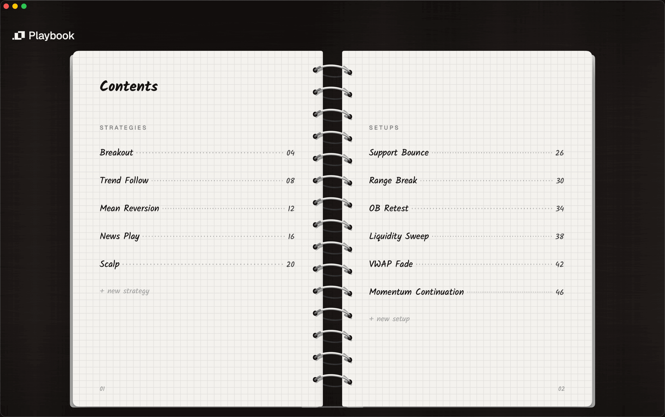 The playbook opened at its contents spread, listing strategies on one page and setups on the other with a page number beside each