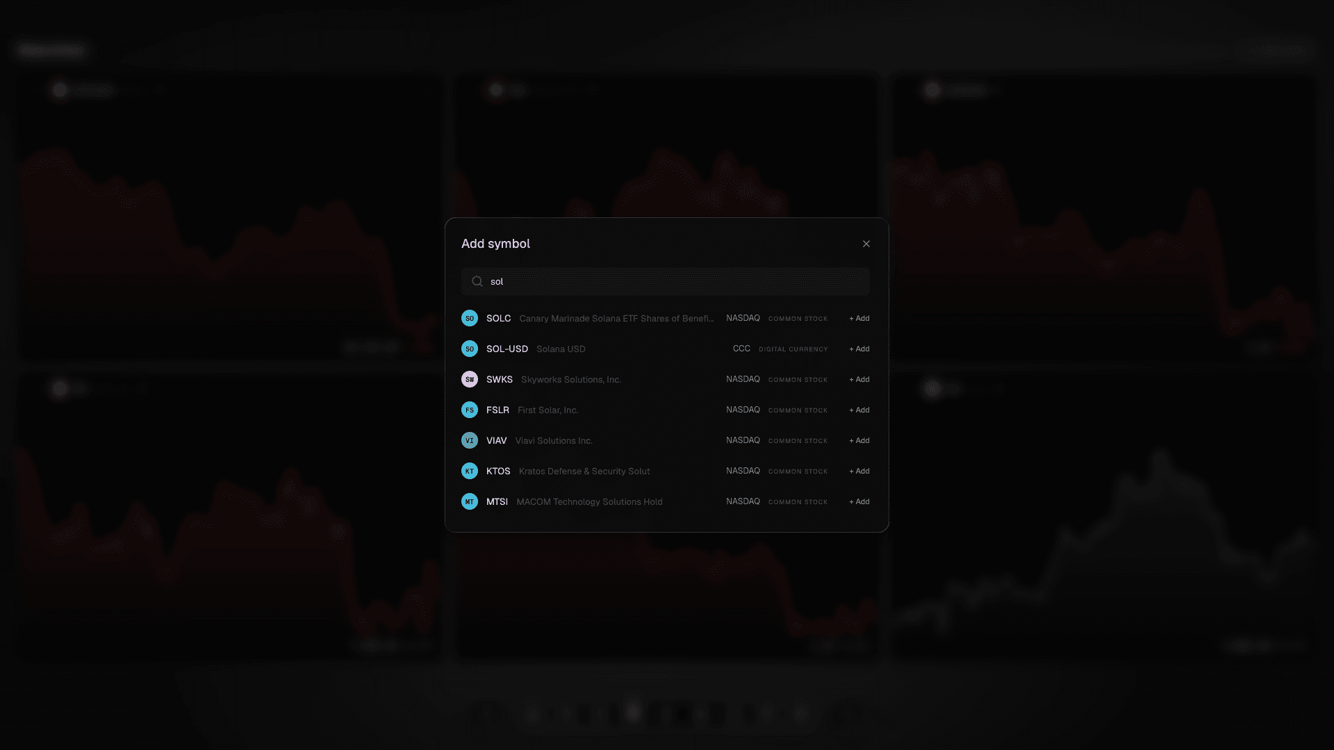 The add symbol dialog, showing search results across stocks, exchange-traded funds and crypto with the venue beside each match