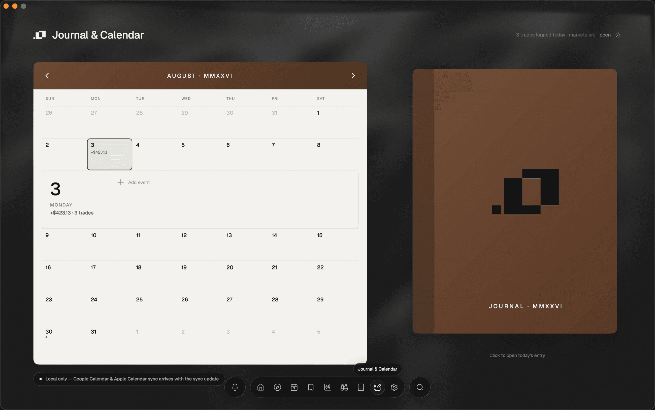Ordo's journal calendar: a cream month grid with each day's profit or loss, and an entry open beside it