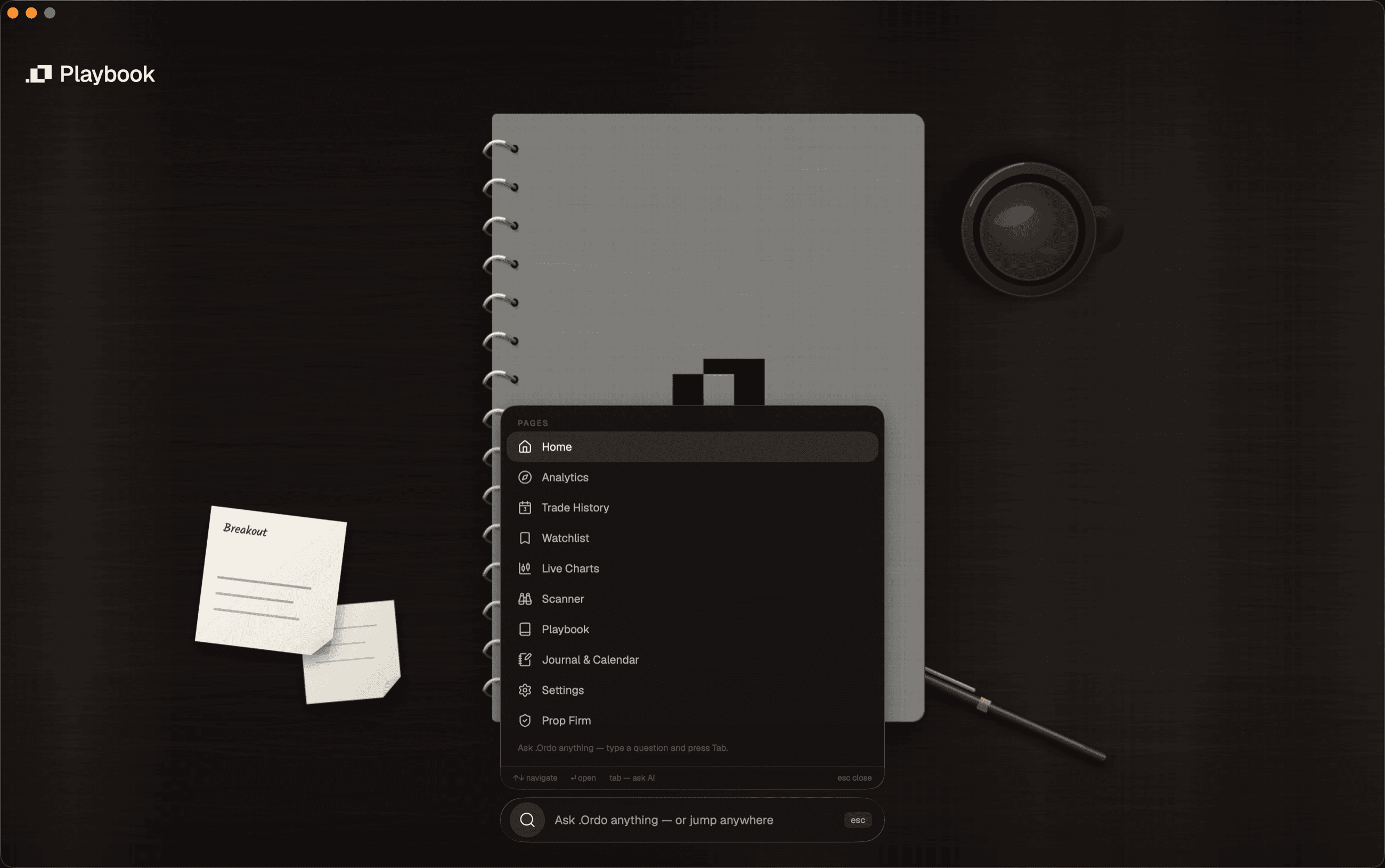 The command palette open over the home screen, listing matching trades, symbols and settings actions