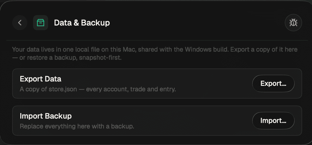 Ordo's Data & Backup settings: a line explaining that the data lives in a local file on this computer, an Export Data row covering all accounts, trades, journal entries and attachments, and an Import Backup row that replaces it all from a previous export