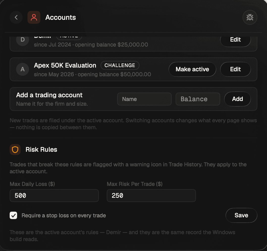Ordo's risk rules in Settings: max daily loss set to $500, max risk per trade set to $250, and 'require a stop loss on every trade' ticked, with a note that trades breaking these rules are flagged in Trade History