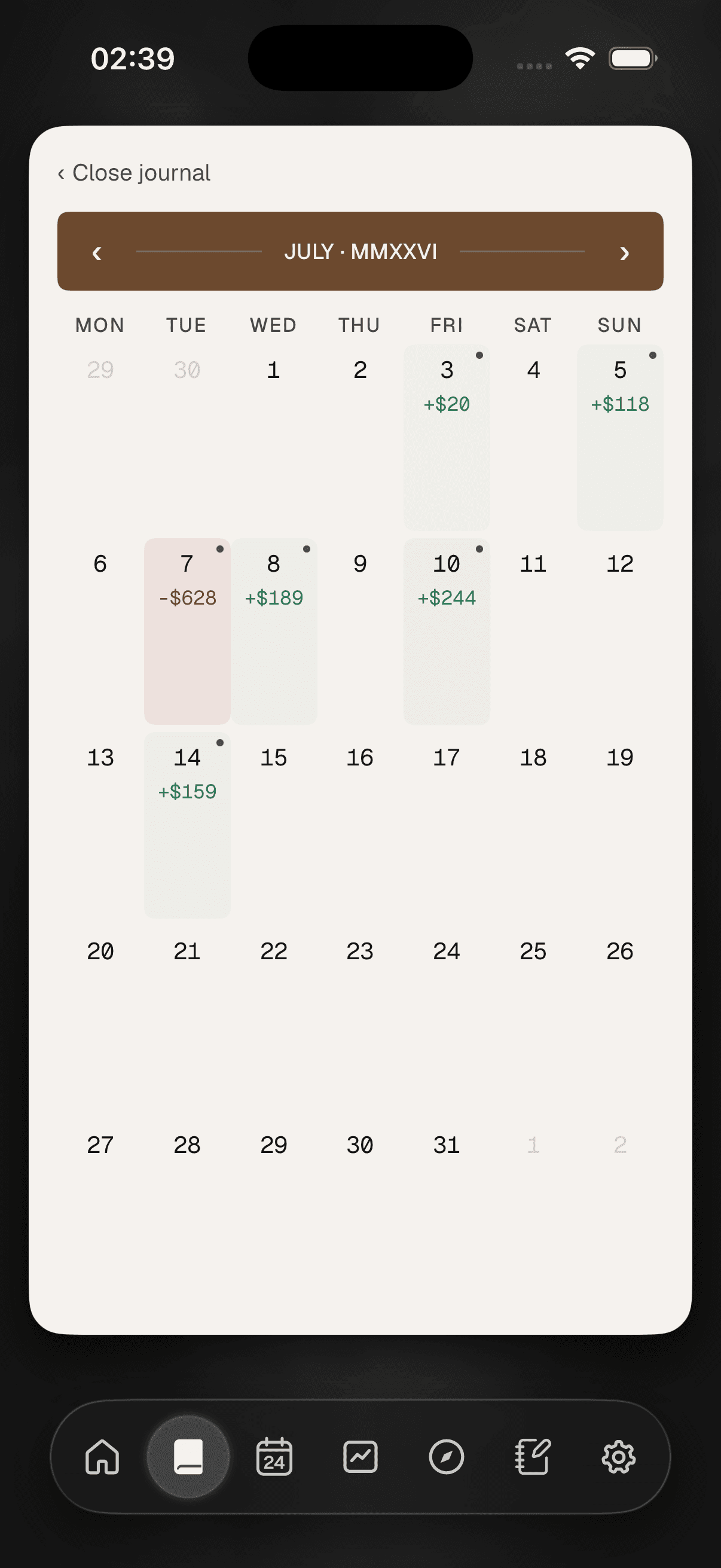 Ordo's calendar on iPhone: a cream-paper month where each day carries its profit or loss and the mood logged that session