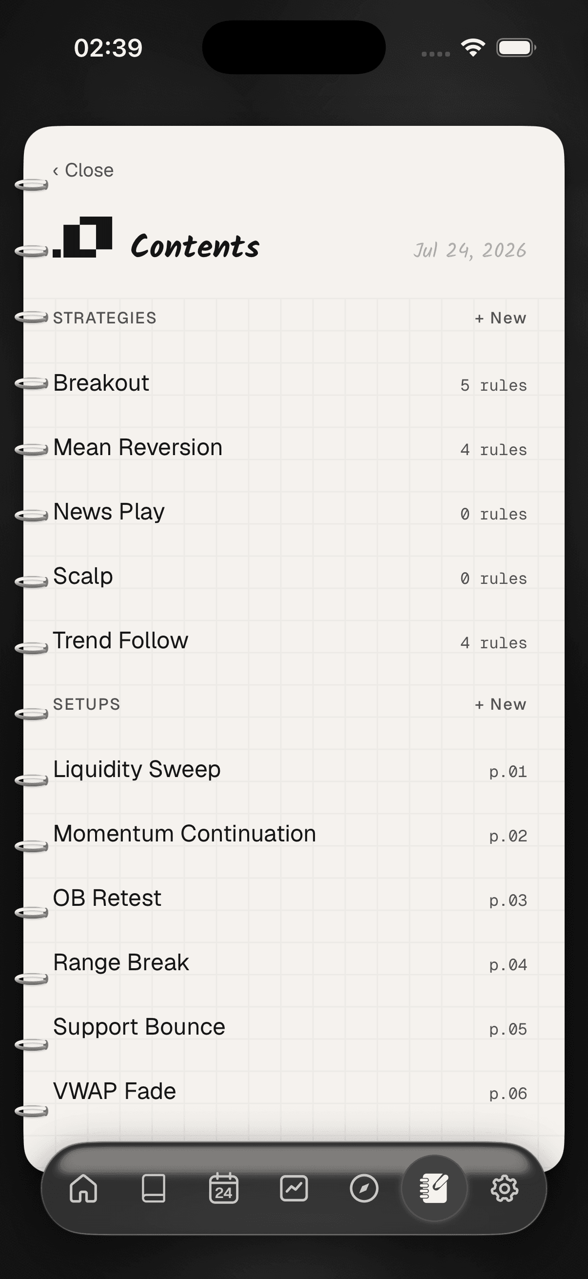 Ordo's playbook on iPhone: a spiral-bound notebook open on one strategy, with its rules listed as a checklist